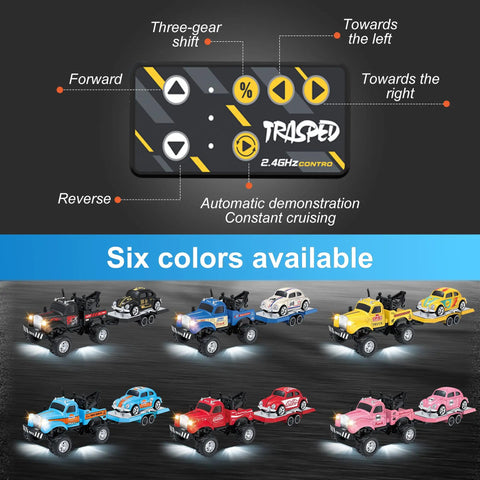 Image of six Pocket 1 To 64 Scale RC Trucks with LED lights, featuring 2.4GHz remote control instructions and color options.