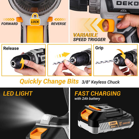 Features of 20V Cordless Power Drill Kit With Battery And Case For DIY Home Repairs And Furniture Assembly Ready To Roll Includes 1.5Ah Battery Fast 1.5 Hour Charge And Up To 1350 RPM No Load For Quick Projects, showing lock, speed, and quick bit change.