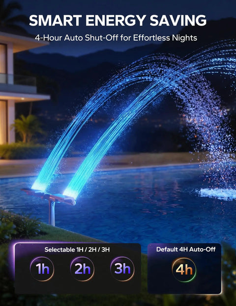 Solar Pool Fountain With 10 Color LED Lights, Auto Dusk Sensor And Timer, remote controlled, spraying water at night, side view