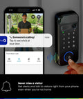 User interacting with the Top Shelf 3 In 1 Smart Lock With 2K Hdr Video Doorbell Camera on smartphone app for home security.