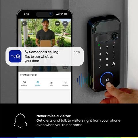User interacting with the Top Shelf 3 In 1 Smart Lock With 2K Hdr Video Doorbell Camera on smartphone app for home security.