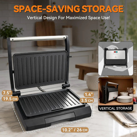 Premium Baker's Friend Mini Panini Press Electric Grill showing vertical design and nonstick plates for space-saving storage.