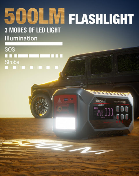 A7 Jump Starter With Air Compressor And All In One Power Pack 500LM flashlight beside SUV on sand