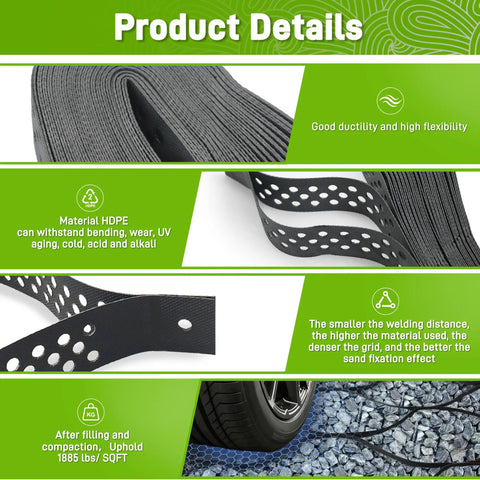 Gravel Grid HDPE Heavy Duty 4x33 Ft System showing material properties with tire on stabilized surface.