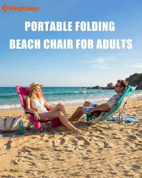 Adults relaxing in Low Beach Chairs 2 Pack Folding Portable Chairs with High Back Seat at a beach.