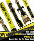 Heavy Duty Car Trailer Tie Down Straps Kit Four 2x10 Inch Ratchet Straps With J Hooks And Clips Plus Four 2x36 Inch Axle Straps 10,000 Lbs Break Strength Reflective Black And Yellow Webbing For Safe Night Time Car Truck UTV Transport