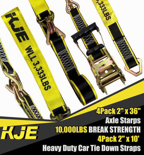 Heavy Duty Car Trailer Tie Down Straps Kit Four 2x10 Inch Ratchet Straps With J Hooks And Clips Plus Four 2x36 Inch Axle Straps 10,000 Lbs Break Strength Reflective Black And Yellow Webbing For Safe Night Time Car Truck UTV Transport