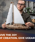 Serenity's Dream 3D Wooden Yacht Puzzle Kit For Grownups, DIY Model Building Hobby Craft With Moving Sails, Brain Teaser And Engineering Gift, Miniature Sailing Vessel For Builders And Puzzle Lovers on table
