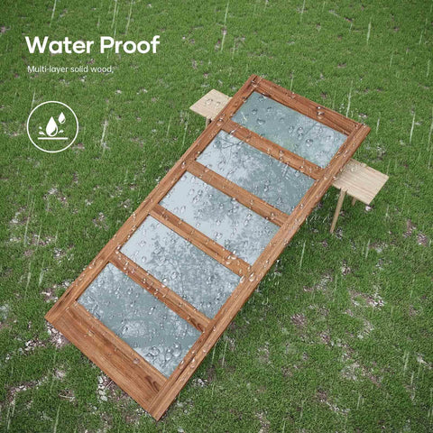36 By 84 Inches Frosted Glass Sliding Barn Door With Five Panel Design, Waterproof Surface, on wooden supports in rain