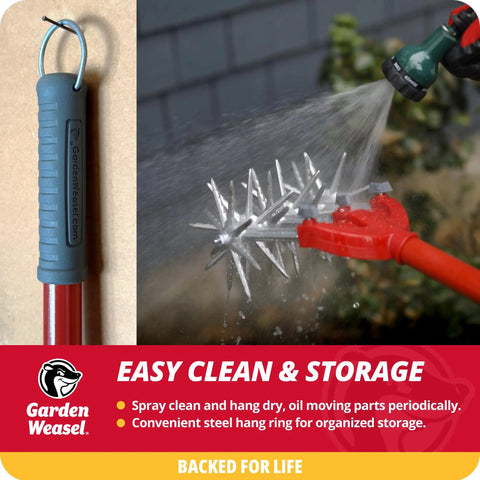 Rotary Cultivator With Detachable Tines And Long Handle being cleaned with water spray for easy maintenance