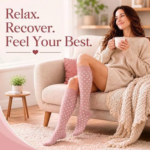 Woman wearing pink polka dot socks from 4 Pairs Compression Socks For Women And Men With 15-20 mmHg Graduated Compression For Circulation