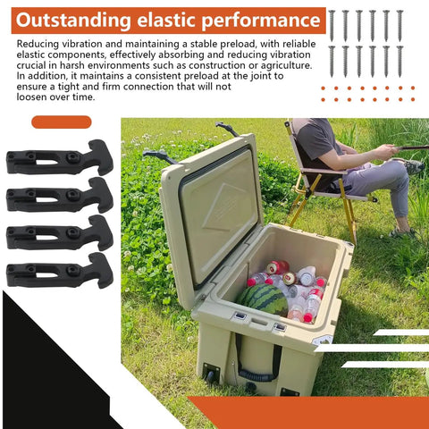 Image of Go-To T Handle Rubber Latch Set Four Pack for Boat Hatch Toolbox and Equipment Hood, shown with cooler open outdoors.