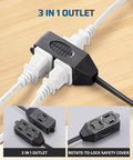 Three Outlet Indoor Extension Cord Pack, 3 Ft 16 AWG Power Strip, 2 Prong Plug, Black, showing 3-in-1 outlet connection