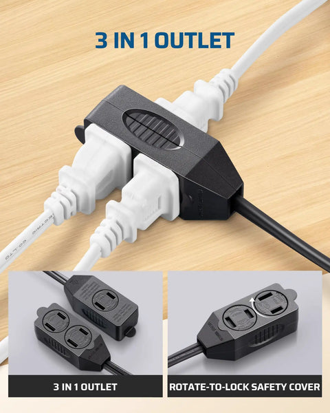 Three Outlet Indoor Extension Cord Pack, 3 Ft 16 AWG Power Strip, 2 Prong Plug, Black, showing 3-in-1 outlet connection