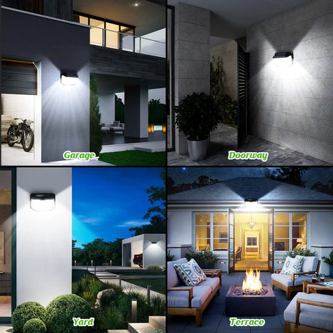 Hella Bright Solar Motion Sensor Lights 178 LEDs 4 Pack IP65 Waterproof Outdoor Security Lighting illuminating garage, doorway, yard, terrace.