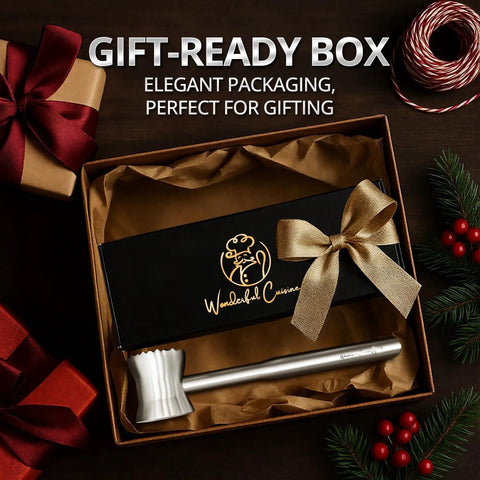 Gift-ready box with Heavy Duty Stainless Steel Meat Tenderizer Hammer With Textured Pyramid Surface, anti rust, ergonomic grip.