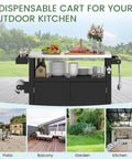 Weatherproof HIPS Outdoor Kitchen Island with stainless steel top and storage cabinet, perfect for BBQ and outdoor grilling parties.