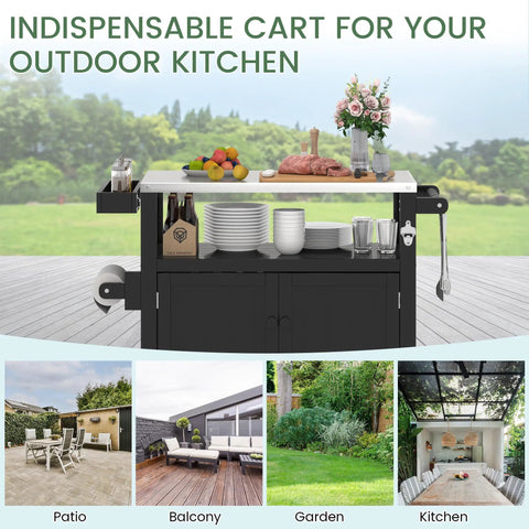 Weatherproof HIPS Outdoor Kitchen Island with stainless steel top and storage cabinet, perfect for BBQ and outdoor grilling parties.