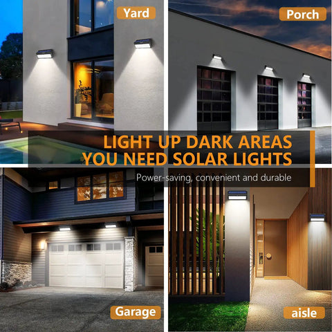 All-Weather 100 LED Solar Motion Lights Outdoor Pack 4 lighting yard, porch, garage, and aisle showing bright illumination