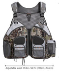 Front view of Adjustable Straps Fishing Vest With Padded Air Mesh Back And Shoulders, 20 Pocket Tackle Organizer, camo design.