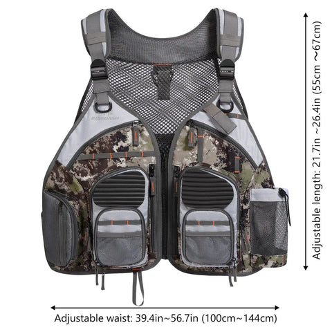 Front view of Adjustable Straps Fishing Vest With Padded Air Mesh Back And Shoulders, 20 Pocket Tackle Organizer, camo design.