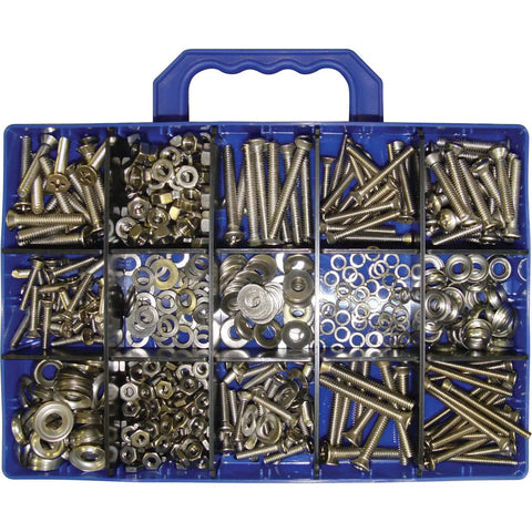 1120 Piece Screw Kit With Phillips Pan Tapping And Phillips Oval Tapping Screws In A Wide Range Of Sizes For DIY Projects Home Improvement And Woodworking Finishing Cup Screws Included, shown in blue carrying case.
