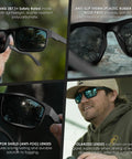 Collage showcasing Wayfarer Style Safety Sunnies with Polarized Smoke Vapor Shield Anti Fog Z87 Glasses Matte Black Frame
