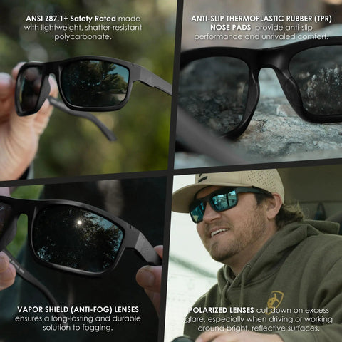 Collage showcasing Wayfarer Style Safety Sunnies with Polarized Smoke Vapor Shield Anti Fog Z87 Glasses Matte Black Frame