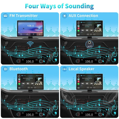 9 Inch Wireless Apple CarPlay And Android Auto Dash Receiver showing FM, AUX, Bluetooth, and Speaker sound options