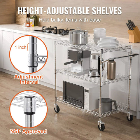 Must Have Heavy Duty 3 Tier Kitchen Utility Cart On Wheels With 661 Lbs Capacity in a modern kitchen setting.