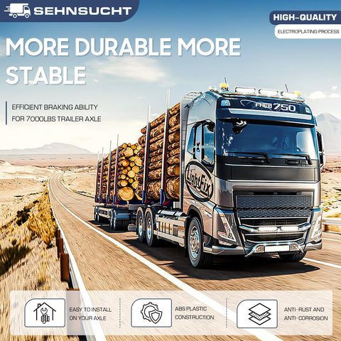 Trailer axle electric brake kit by Amazon; front view of a silver logging truck on a desert highway carrying timber.
