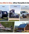 Collage of trailer, camper, truck, kayak, and home showing the versatile use of ultra-compact 12V 100Ah LiFePO4 battery with Bluetooth.