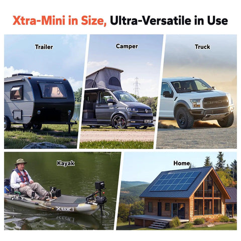 Collage of trailer, camper, truck, kayak, and home showing the versatile use of ultra-compact 12V 100Ah LiFePO4 battery with Bluetooth.