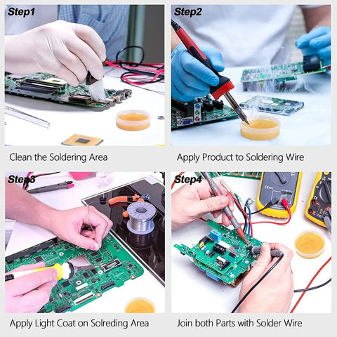 Step-by-step use of Two Jar Rosin Soldering Flux Paste For Lead Free Electronics Soldering And DIY Projects, non corrosive flux in use