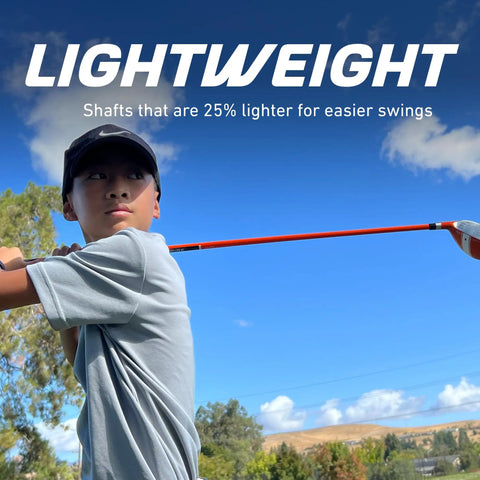 Child swinging X-Lite Junior Golf Club For Kids 6-8 with lightweight shaft, blue sky background, focus on easy launch and forgiving swing.