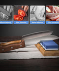 Knife Sharpening Stone Kit With 4-Side 400 1000 And 3000 8000 Grits on wood base, two knives, before and after sharpening results.