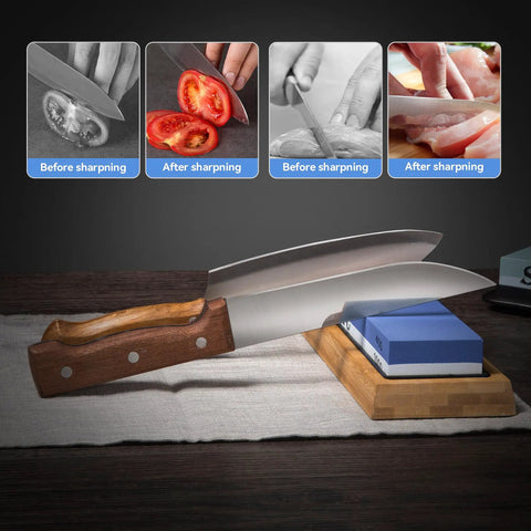 Knife Sharpening Stone Kit With 4-Side 400 1000 And 3000 8000 Grits on wood base, two knives, before and after sharpening results.