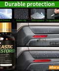 Quick On The Go Black Plastic Restorer For Cars Matte Black Trim Coating bottle and car bumper before and after use