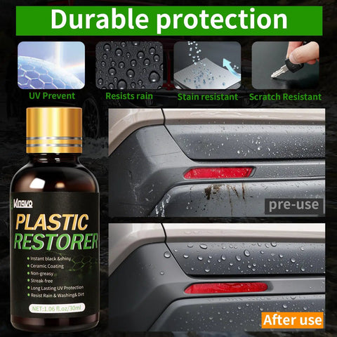 Quick On The Go Black Plastic Restorer For Cars Matte Black Trim Coating bottle and car bumper before and after use