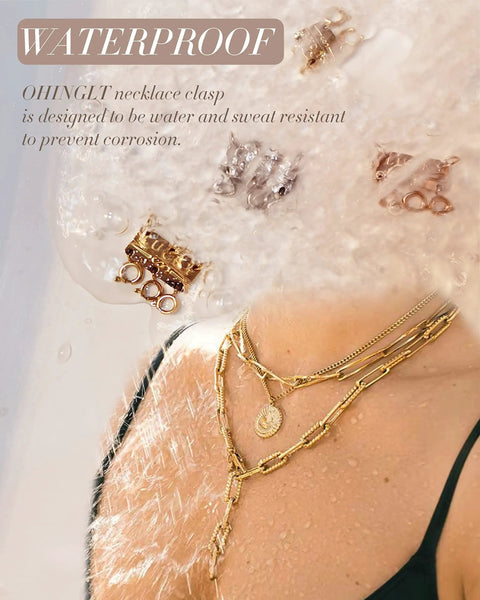 Lucky Necklace Layering Clasp Separator For Stackable Chains, shown in use with multiple gold chain necklaces, waterproof design.
