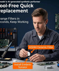 Person installing A5044 ceramic filter at desk, Must Have 10 Pack A5044 Ceramic Filter Replacements For Desoldering Tools - Easy Plug In Fit For FR Series And 808 809 470 472 473 474 Desoldering Stations, Compatible With Hakko Equipment.