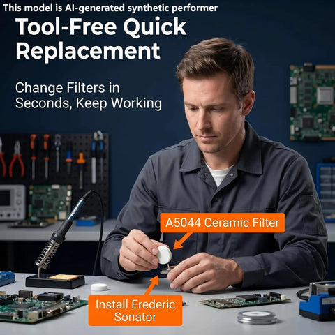Person installing A5044 ceramic filter at desk, Must Have 10 Pack A5044 Ceramic Filter Replacements For Desoldering Tools - Easy Plug In Fit For FR Series And 808 809 470 472 473 474 Desoldering Stations, Compatible With Hakko Equipment.