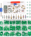 Car AC Repair Kit With 270Pcs Green Rubber O Ring Set And 102Pcs Valve Core Kit With Remover Tool For R12 R134a Refrigeration Systems Tire Valve Stem Cores And AC O Ring Seal Kit displayed in open case with removal tools and components visible