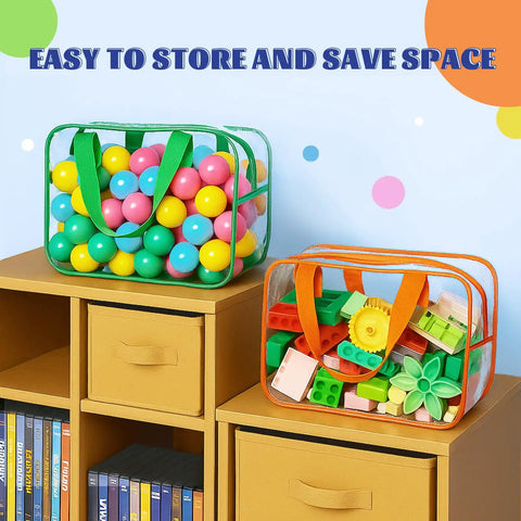 Clear PVC Storage Bags Set With Zipper And Labels, Waterproof Travel Organizer Pouches For Building Blocks Puzzles And Books, 4 Pack, Large 12 X 9.2 X 4 Inches, Multicolor, filled with colorful toys on shelves.