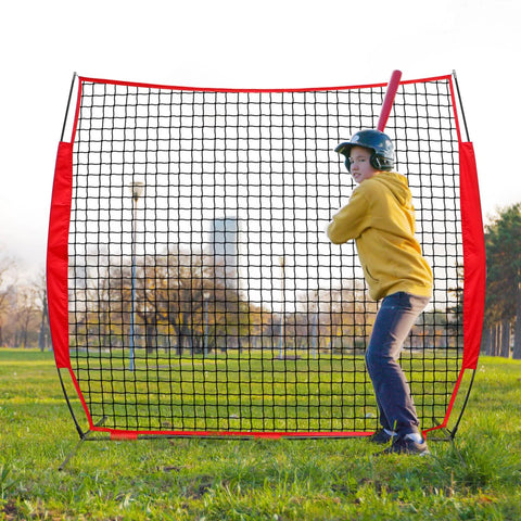 Child playing with 7x7 Ft Barricade Backstop Net for Baseball Softball Lacrosse Soccer Basketball Tennis, Multi Sport Barrier Net With Carry Bag