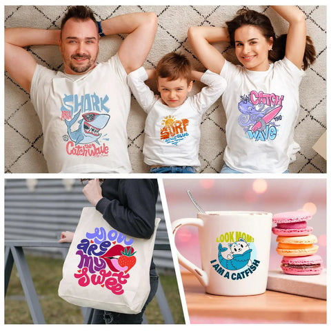 Family in graphic T-shirts with sublimation designs; tote bag and mug with sublimation prints from Dope Quality Pro Grade Sublimation Paper Bundle 8.5x11 Inches 125Gsm 400 Sheets For Inkjet Printers Heat Transfer Paper Ideal For DIY Projects T Shirts Phone Cases Mugs And Various Coatings