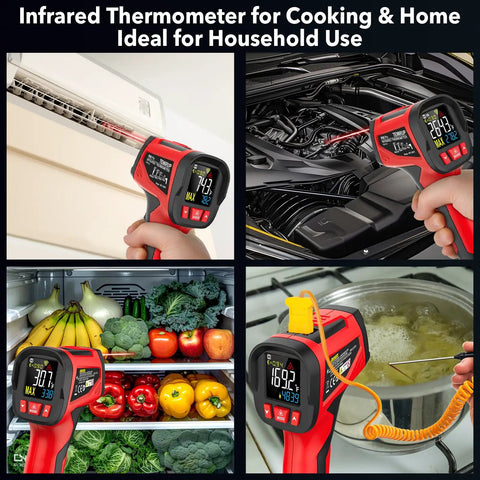 Digital Infrared Thermometer Gun With Probe For Non Contact Temperature Readings, Fast Laser Temp Gun For Cookin And Grillin On The Grill, Pizza Oven, Griddle And Meat, Adjustable Emissivity 0.1 To 1.0, 12:1 Distance To Spot, -40 To 1472 Fahrenheit for cooking, engine, fridge and boiling water