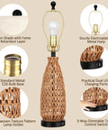 Set Of 2 27 Inch Farmhouse Coastal Rattan Table Lamps With Dual USB Ports And 3 Way Dimmable Touch Control LED Bulbs Included