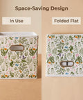 Six Piece Wild Floral Fabric Storage Cubes With Handles Solid Collapsible Bins For Cube Shelves shown in use and folded flat.