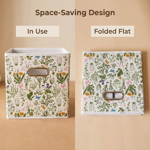Six Piece Wild Floral Fabric Storage Cubes With Handles Solid Collapsible Bins For Cube Shelves shown in use and folded flat.